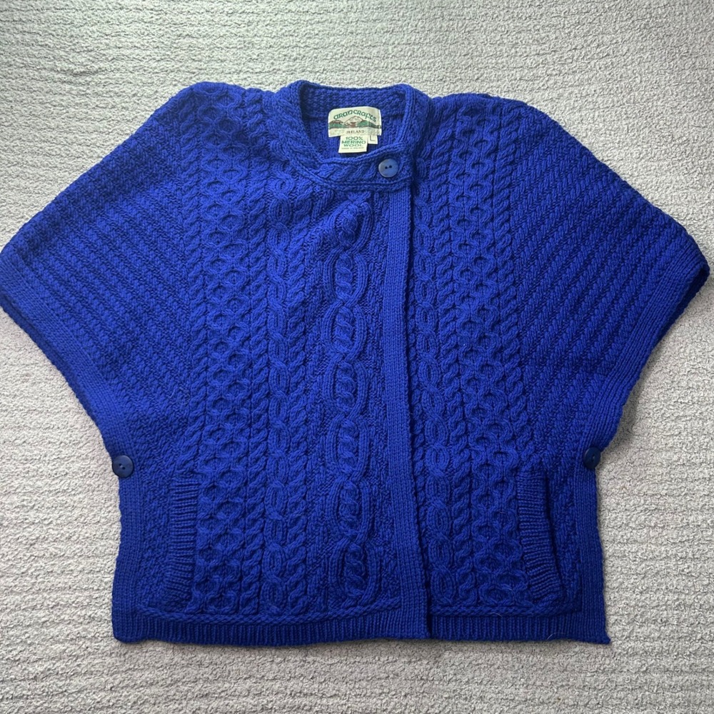 Aran Crafts Cardigan Cable Knit Blue L Vintage Irish Wool Cottagecore Boho